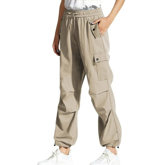 hoksml Women's Cargo Pants Solid-Color Elastic Waist Drawstring Tie Casual Pants Straight-Button Pocket Work Pants Ankle-tied Pants‌