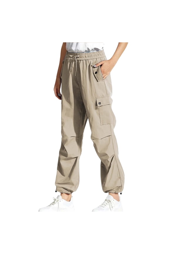 Women's Cargo Pants Solid-Color Elastic Waist Drawstring Tie Casual Pants Straight-Button Pocket Work Pants Ankle-tied Pants