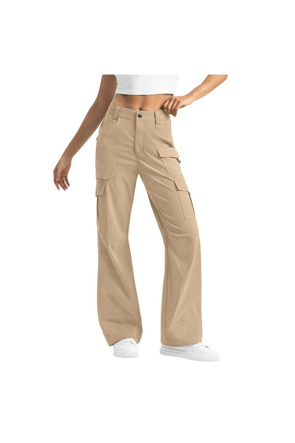 Women's Cargo Pants Straight Leg, Solid High Waist Multi-Pocket Outdoor Utility Trousers with Elastic Button Waist Casual Streetwear