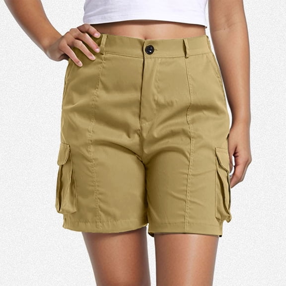 hoksml Women's Cargo Shorts, Mid-Rise Button Fly with Elastic Back Waist, Nylon Blend Casual Shorts with Multi Pockets