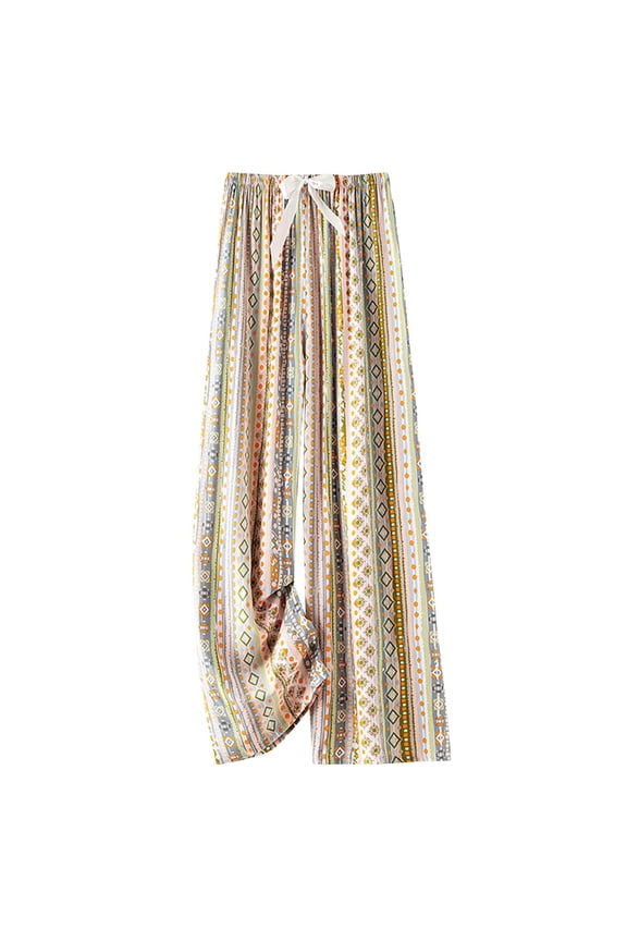 Women's Casual Boho Print Wide Leg Pants Drawstring Waist Lightweight Flowy Ethnic Pattern for Beach Vacation and Daily Wear