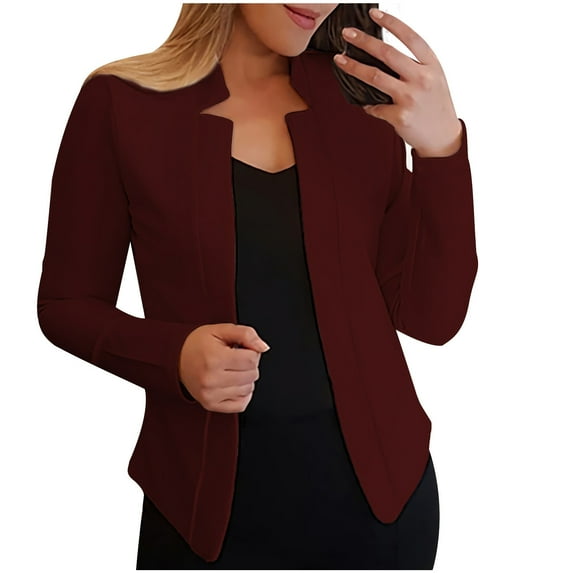 hoksml Women's Casual Jacket Solid Color Fashion Long-sleeved Cardigan Suit Jacket Coat Stand Collar Outerwear