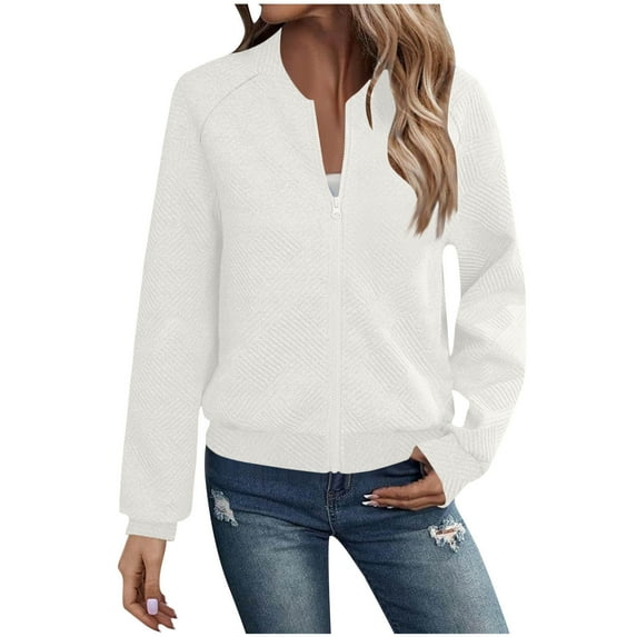 hoksml Women's Casual Jackets Solid Round Neck Long Sleeved Lightweight Zipper Bomber Jacket Fall Fashion Top