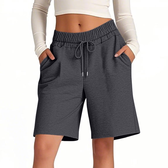 hoksml Women's Casual Knit Shorts, High Waist Drawstring Sweat Shorts, Loose Fit Knee Length Bermuda Shorts with Pockets
