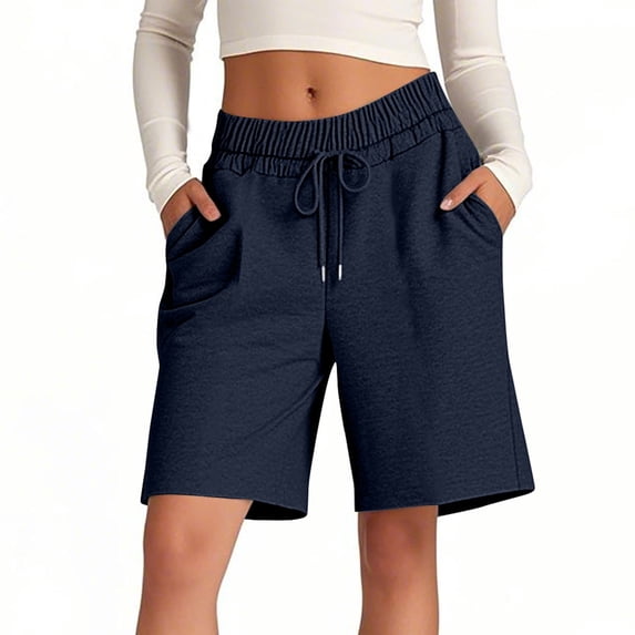 hoksml Women's Casual Knit Shorts, High Waist Drawstring Sweat Shorts, Loose Fit Knee Length Bermuda Shorts with Pockets