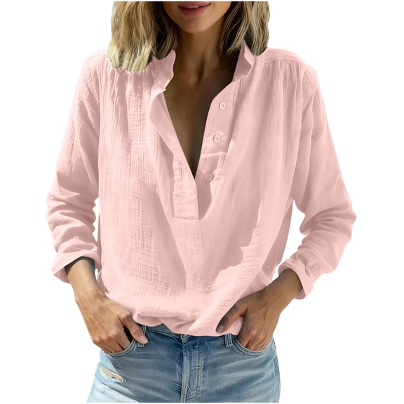 hoksml Women's Casual Linen Shirt Long Sleeve, Oversized Button-Down Lapel Collar Top for Beach and Everyday Wear