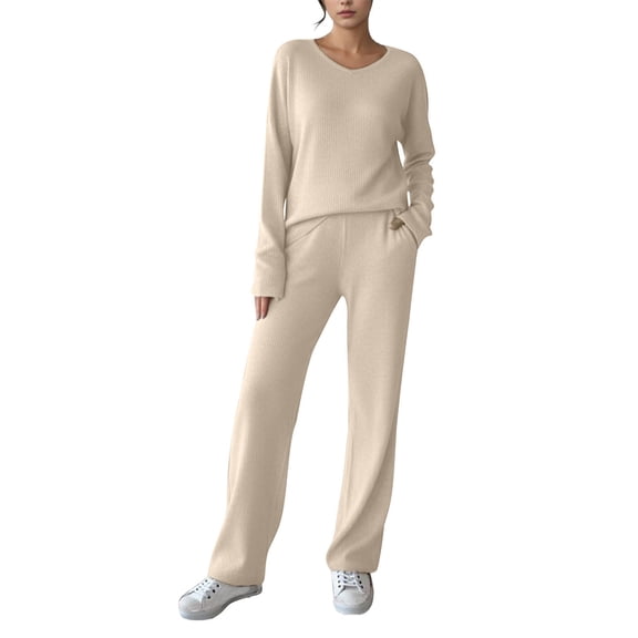 hoksml Women's Casual Loungewear Set Soft Long Sleeve V-Neck Top and Solid Pants Two-Piece Comfortable Home Wear Pajamas
