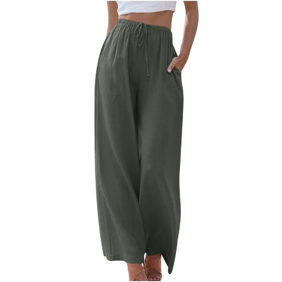 hoksml Women's Casual Pull On Drawstring Waist Linen Blend Wide Leg Pants Lightweight Relaxed Fit with Side Pockets for Summer Daily and Vacation Wear