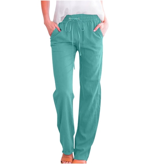 hoksml Women's Casual Pull On Drawstring Waist Linen Blend Straight Leg Pants Relaxed Fit with Side Pockets for Summer Daily Wear