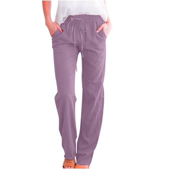 hoksml Women's Casual Pull On Drawstring Waist Linen Blend Straight Leg Pants Relaxed Fit with Side Pockets for Summer Daily Wear