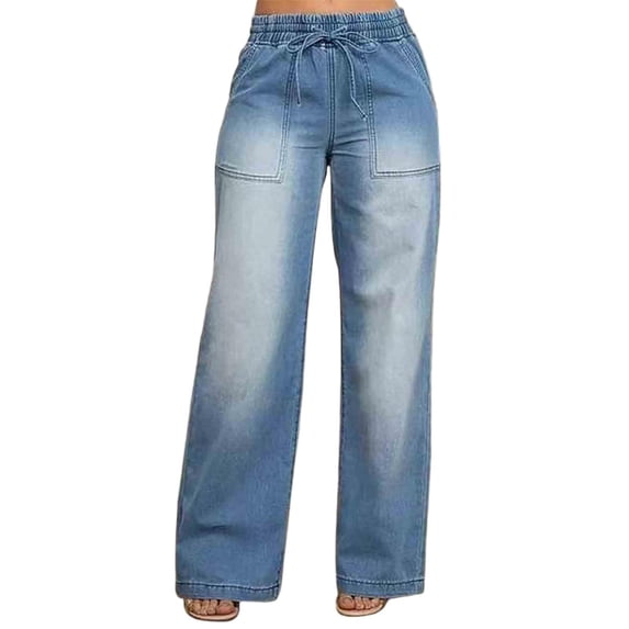 hoksml Women's Casual Pull On Drawstring Waist Wide Leg Denim Jeans Soft Stretchy with Front Patch Pockets for Daily and Street Wear