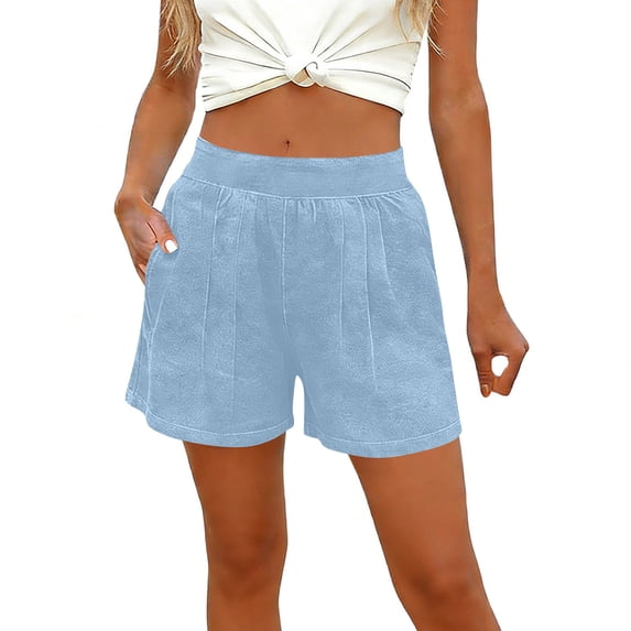 hoksml Women's Casual Pull On High Waist Pleated Denim Shorts Soft Stretchy with Side Pockets for Summer and Daily Wear