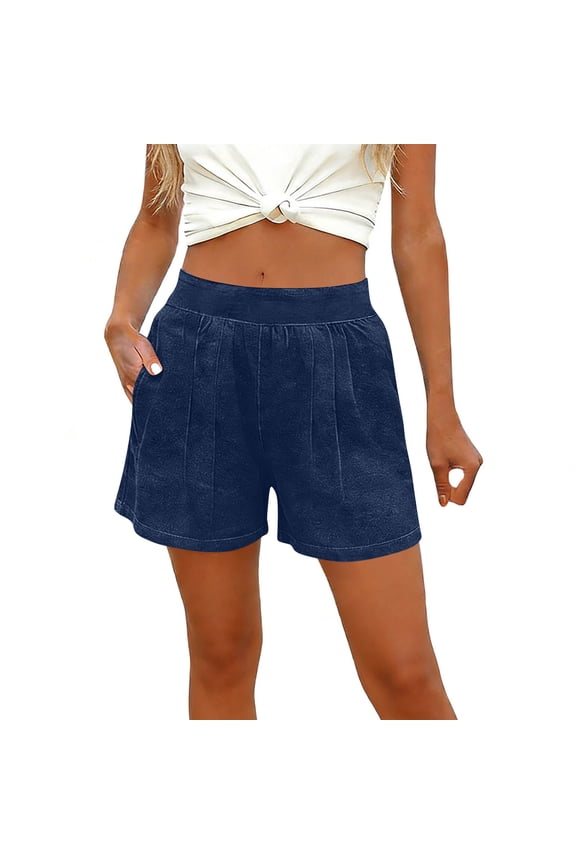 Women's Casual Pull On High Waist Pleated Denim Shorts Soft Stretchy with Side Pockets for Summer and Daily Wear