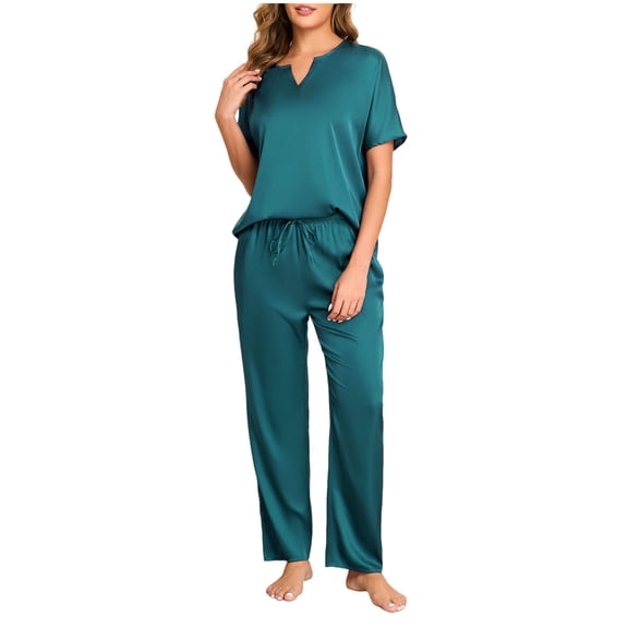 hoksml Women's Casual V-Neck Short Sleeve Pajama Set Solid Color Top and Pants Sleepwear Loungewear