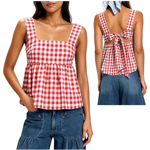 hoksml Women's Checkered Print Square Neck Tank Top, Back Tie Sleeveless Babydoll Blouse