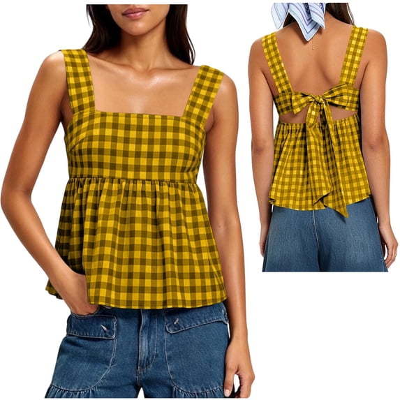 hoksml Women's Checkered Print Square Neck Tank Top, Back Tie Sleeveless Babydoll Blouse