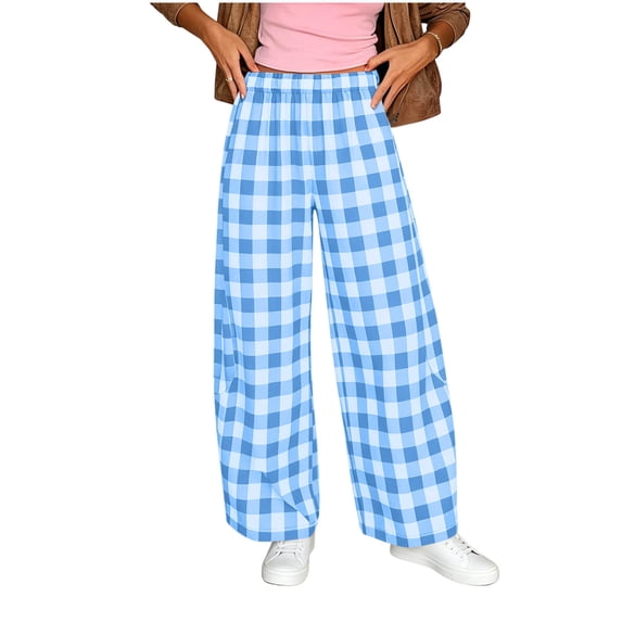 hoksml Women's Checkered Wide Leg Pants, Elastic High Waist Casual Trousers with Pockets, Loose Pants for Daily and Loungewear
