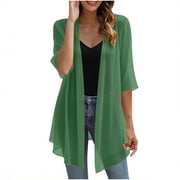 hoksml Womens Chiffon Open Front Cardigan, 3/4 Sleeve Sheer Lightweight Cover Up, Casual Flowy Layering Wrap