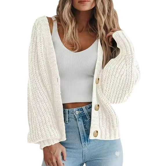hoksml Women's Chunky Knit Cardigan Short Button Down Open Front Sweater Oversized Long Sleeve Cozy Cover-Up Ladies Outwear