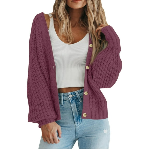hoksml Women's Chunky Knit Cardigan Short Button Down Open Front Sweater Oversized Long Sleeve Cozy Cover-Up Ladies Outwear