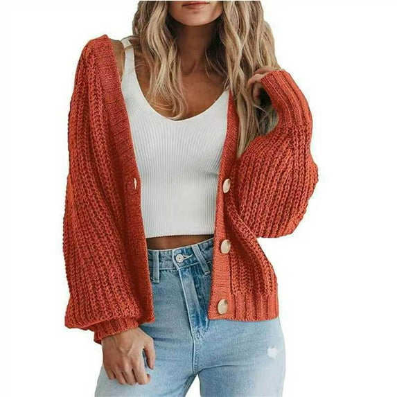 hoksml Women's Chunky Knit Cardigan Short Button Down Open Front Sweater Oversized Long Sleeve Cozy Cover-Up Ladies Outwear