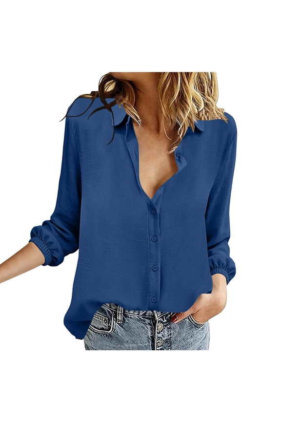 Women's Collared Button Down Shirt, Long Sleeve Elastic Puff Cuff Loose Casual Blouse