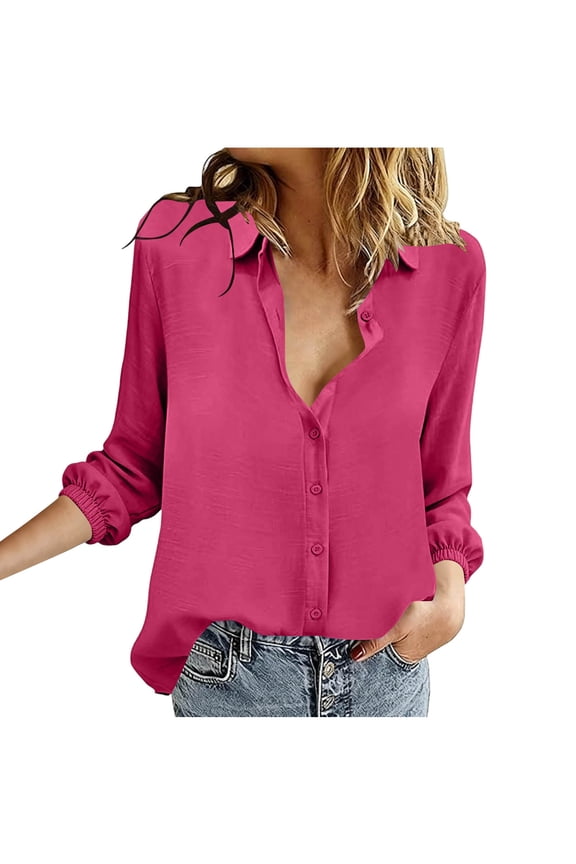 Women's Collared Button Down Shirt, Long Sleeve Elastic Puff Cuff Loose Casual Blouse