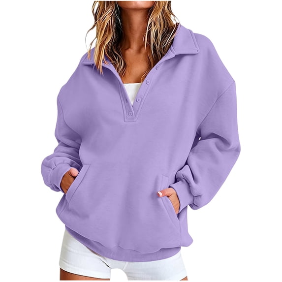 hoksml Women's Collared Button Front Sweatshirt, Oversized Long Sleeve Pullover Top with Pockets for Everyday Comfort