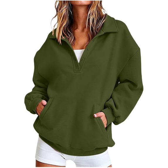 hoksml Women's Collared Button Front Sweatshirt, Oversized Long Sleeve Pullover Top with Pockets for Everyday Comfort