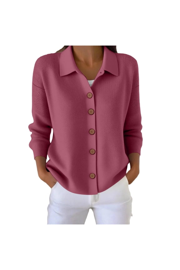 Women's Collared Knit Cardigan Single Breasted Long Sleeve Loose Button Sweater for Office Daily Cozy