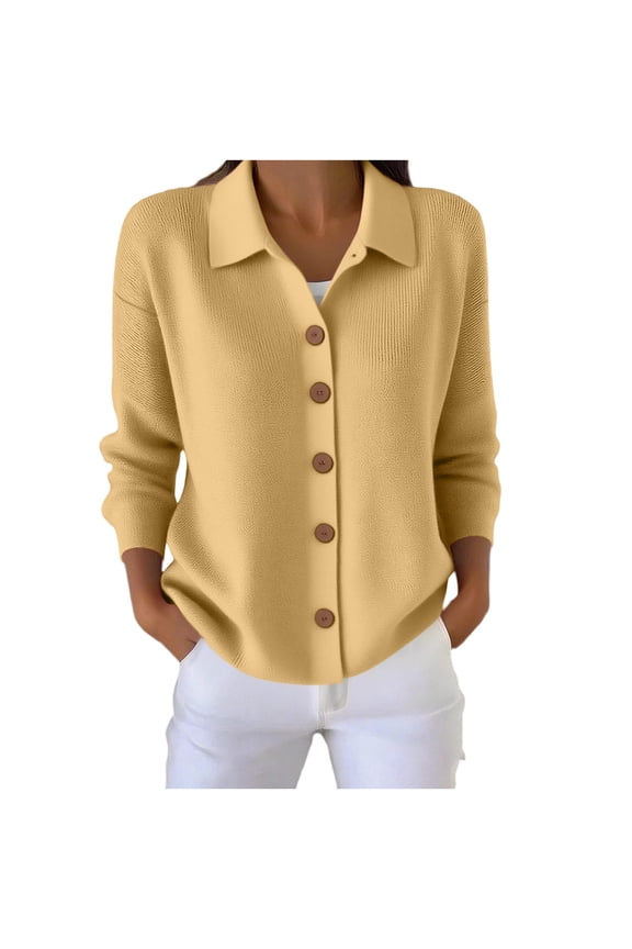 Women's Collared Knit Cardigan Single Breasted Long Sleeve Loose Button Sweater for Office Daily Cozy