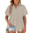 thumbnail image 1 of hoksml Women's Collared Short Sleeve Button Down Blouse Linen Blend Casual Summer Top with Pleated Back Detail, 1 of 6