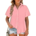 thumbnail image 1 of hoksml Women's Collared Short Sleeve Button Down Blouse Linen Blend Casual Summer Top with Pleated Back Detail, 1 of 6