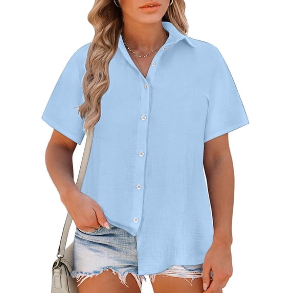 hoksml Women's Collared Short Sleeve Button Down Blouse Linen Blend Casual Summer Top with Pleated Back Detail