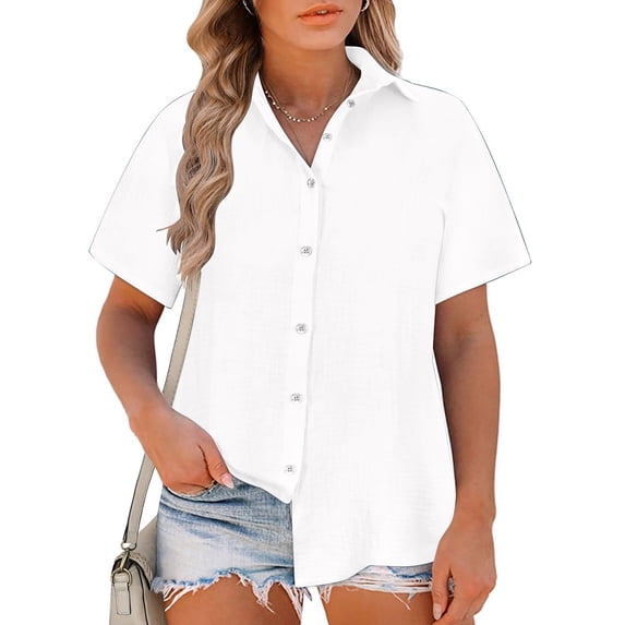 hoksml Women's Collared Short Sleeve Button Down Blouse Linen Blend Casual Summer Top with Pleated Back Detail