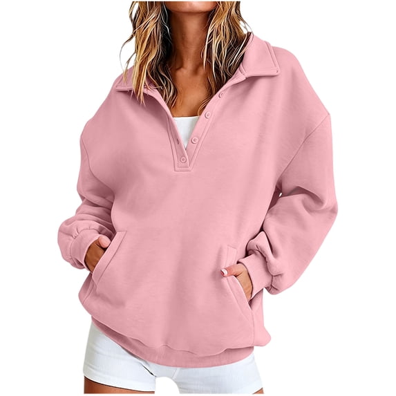 hoksml Women's Collared Sweatshirt, Half Button Long Sleeve Pullover Top with Pockets, Loose Fit Solid Color Casual