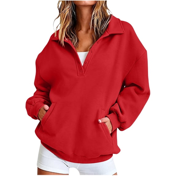 hoksml Women's Collared Sweatshirt, Half Button Long Sleeve Pullover Top with Pockets, Loose Fit Solid Color Casual