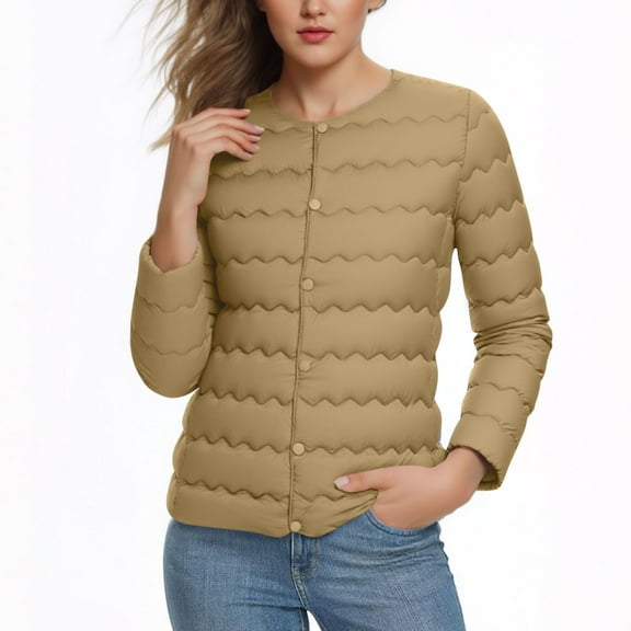 hoksml Women's Collarless Quilted Jacket Lightweight Button Down Puffer Coat with Pockets Minimalist Long Sleeve Winter Jacket
