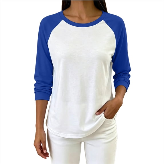 hoksml Women's Color Block Raglan Long Sleeve T Shirt, Loose Casual Crew Neck Top with Curved Hem