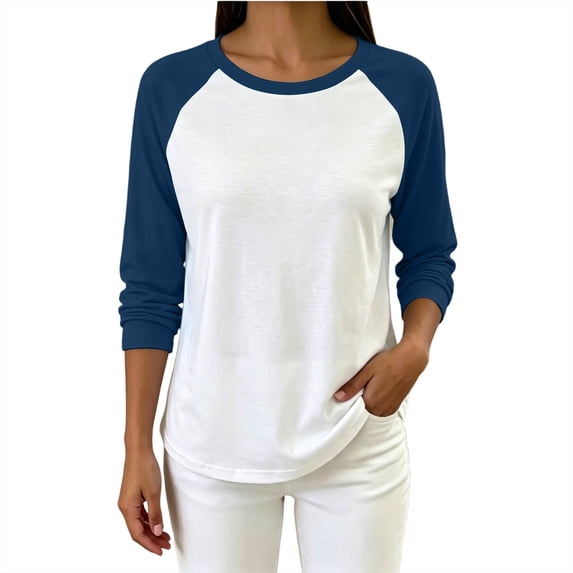 hoksml Women's Color Block Raglan Long Sleeve T Shirt, Loose Casual Crew Neck Top with Curved Hem