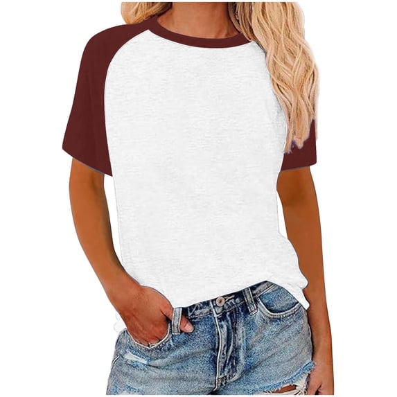 hoksml Women's Color Block Raglan Sleeve T Shirt Casual Crew Neck Short Sleeve Loose Fit Tops for Everyday Wear