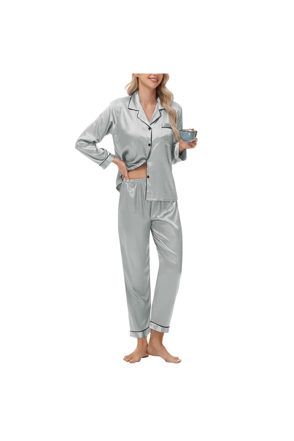 Women's Cooling Bamboo Viscose Pajama Set Long Sleeve Solid Color Notched Lapel Shirt Style Top and Long Pants 2 Piece Sets with Pockets