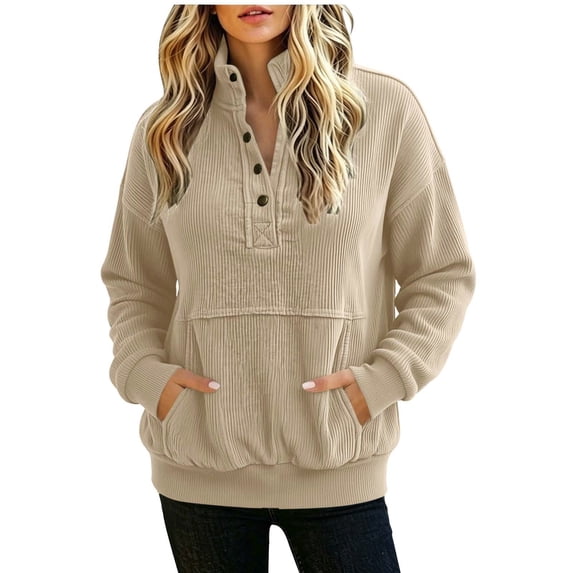 hoksml Women's Corduroy Henley Sweatshirt Stand Collar Pocket Long Sleeve Loose Pullover for Casual Travel Soft