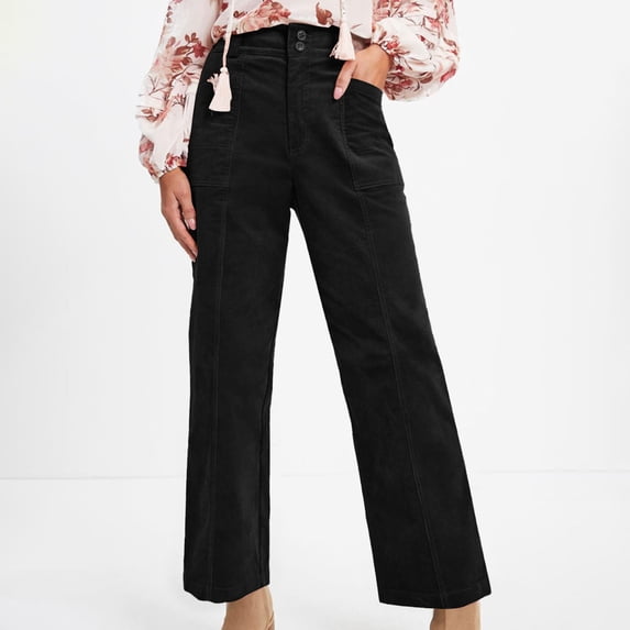 hoksml Women's Corduroy Pants Straight Leg, Elastic Button Waist Casual Trousers with Pockets for Winter Fall