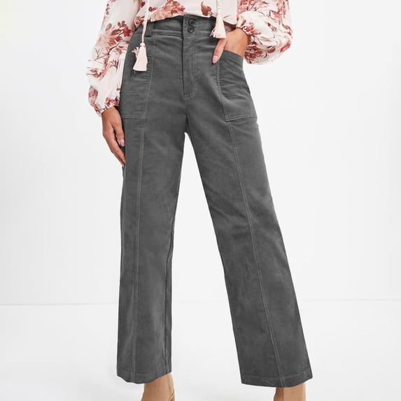 hoksml Women's Corduroy Pants Straight Leg, Elastic Button Waist Casual Trousers with Pockets for Winter Fall