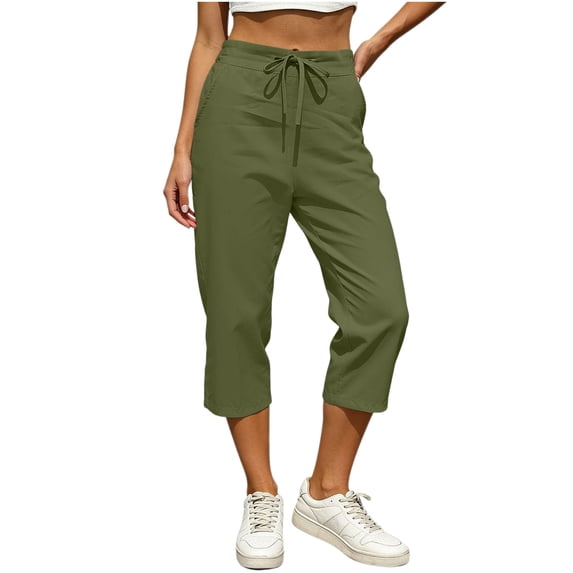 hoksml Women's Cotton Linen Blend High Waist Drawstring Casual Capri Pants Loose Fit Cropped Trousers with Side Pockets