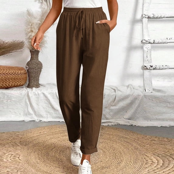 hoksml Women's Cotton Linen Blend High Waist Drawstring Casual Pants Loose Fit Tapered Trousers with Rolled Cuffs and Side Pockets