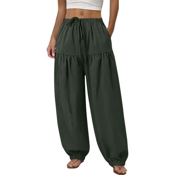 hoksml Women's Cotton Linen Blend High Waist Drawstring Loose Fit Harem Pants Casual Comfortable Elastic Cuffed Trousers with Side Pockets
