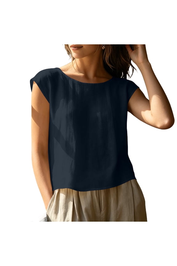 Women's Cotton Linen Cap Sleeve Top, Round Neck Casual Blouse, Loose Fit Summer Daily Office Wear Shirt