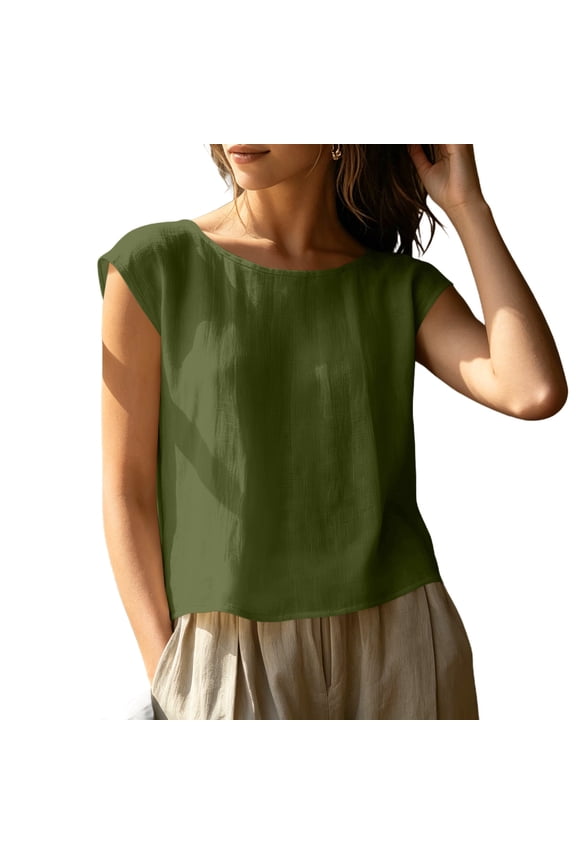 Women's Cotton Linen Cap Sleeve Top, Round Neck Casual Blouse, Loose Fit Summer Daily Office Wear Shirt